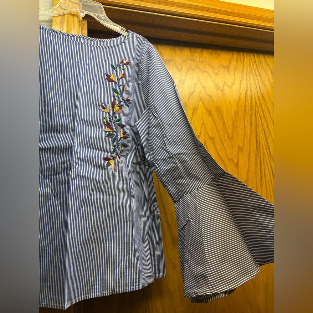 Striped Bell Sleeve Top with Embroidery